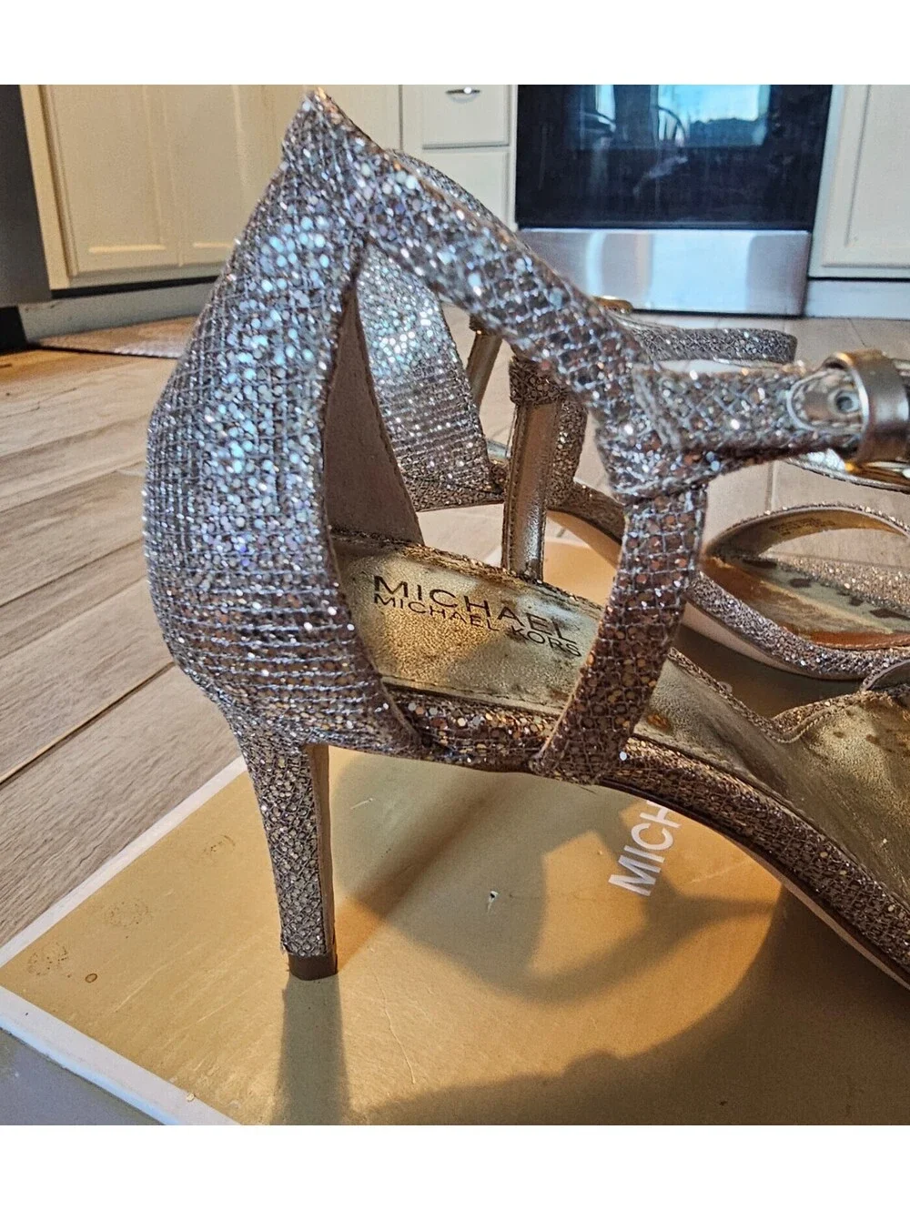 MICHAEL Michael Kors Glitter Heels Women’s 8M Gold Strappy Stiletto